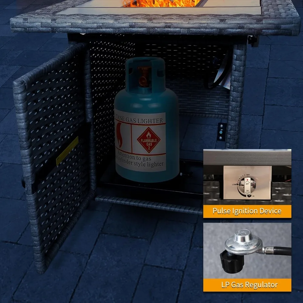 Outdoor 45 Inch Wicker Gas Fire Pit Table with Woodgrain Marble Top and Fire Pit Cover for Patio Use