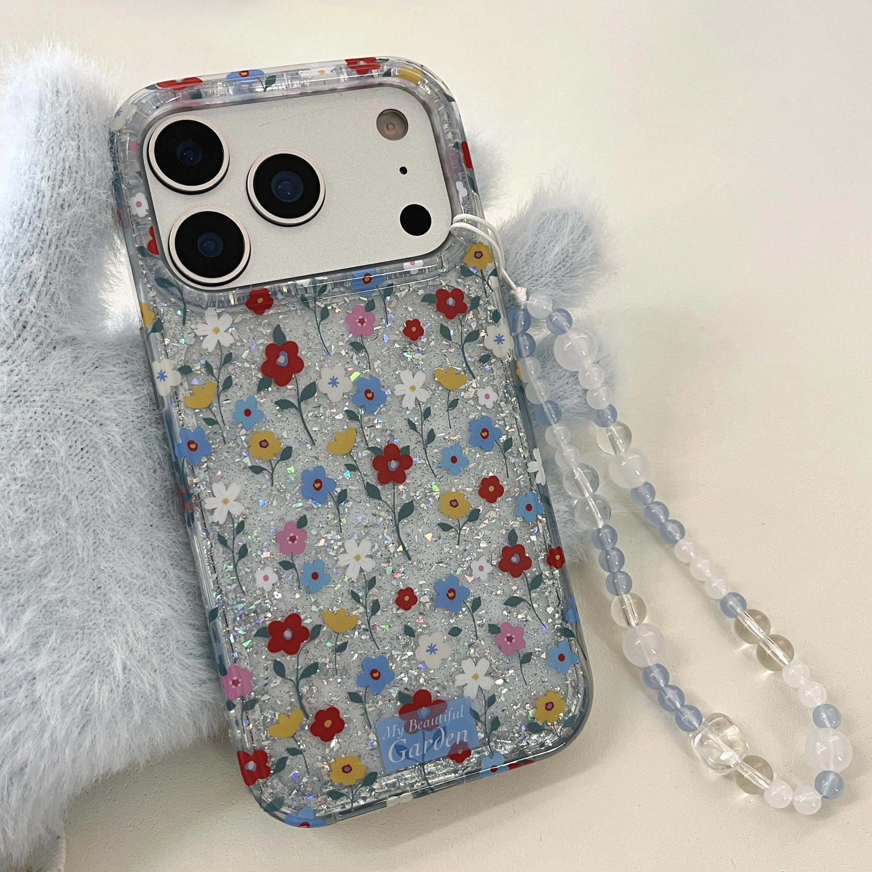 Glitter shiny flower cartoon imd back cover for iphone 15 16