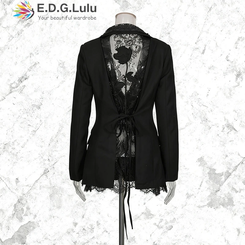 EDGLuLu 2025 جديد مثير عارية الذراعين جوفاء الدانتيل الربط بدلة سوداء سترة بدوره إلى أسفل طوق بأكمام طويلة مكتب سيدة السترة 1028