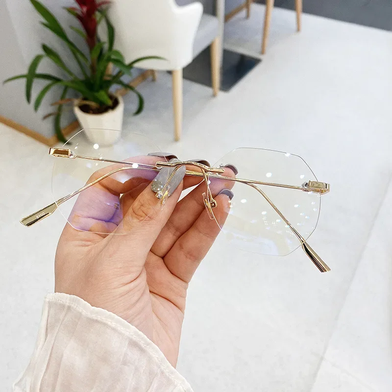 Fashion Rimless Glasses Women Retro Anti-blue Light Computer Eyeglasses Transparent Clear Lens Vintage Metal Polygon Spectacle