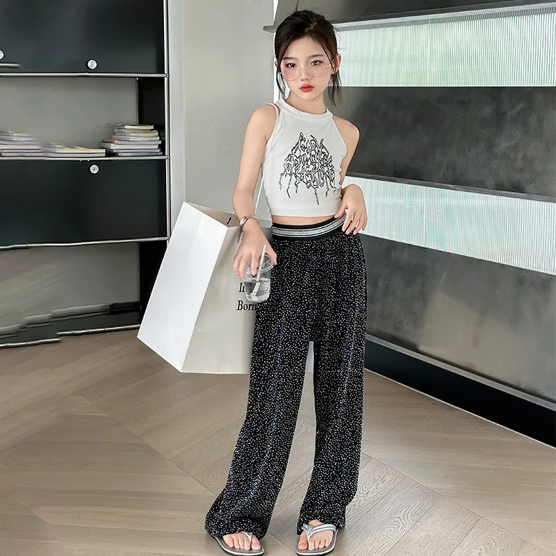 

Girls' Tank Top+Sparkling Wide Legged Pants Summer 2024 New Western Korean Girl Fashion Set