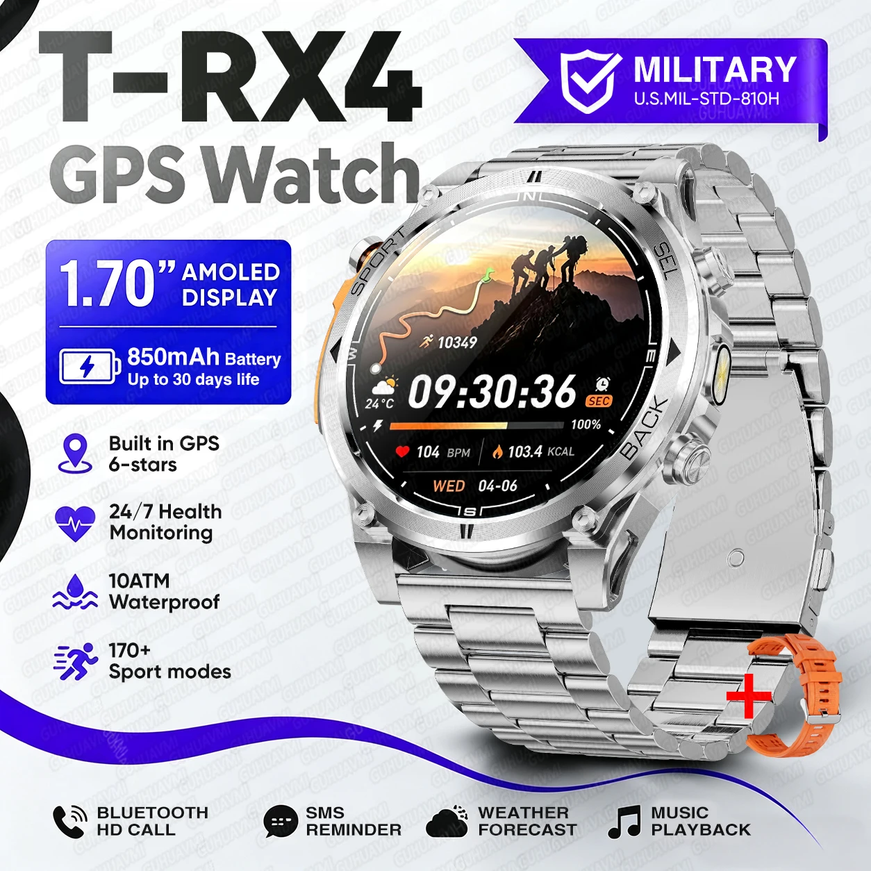 2026New Military T-RX4 Built in GPS Outdoor Smart Watch 10ATM Waterproof Compass 850mAh Battery 1.7”AMOLED Sports Fitness Clock image 3