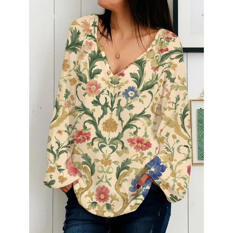 

2025 новые женские модные свободные и универсальные повседневные топы с длинными рукавами и v-образным вырезом с принтом