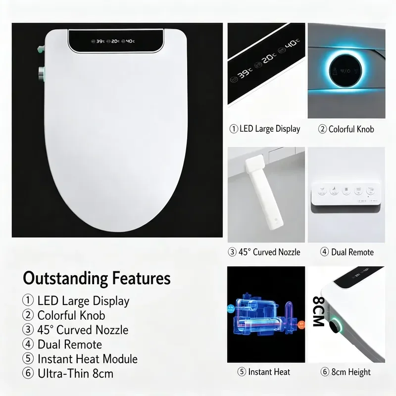 Smart Bidet Toilet Seat with Remote Control Automatic Closing Slim Design Warm Instant Heating Plastic Material Premium
