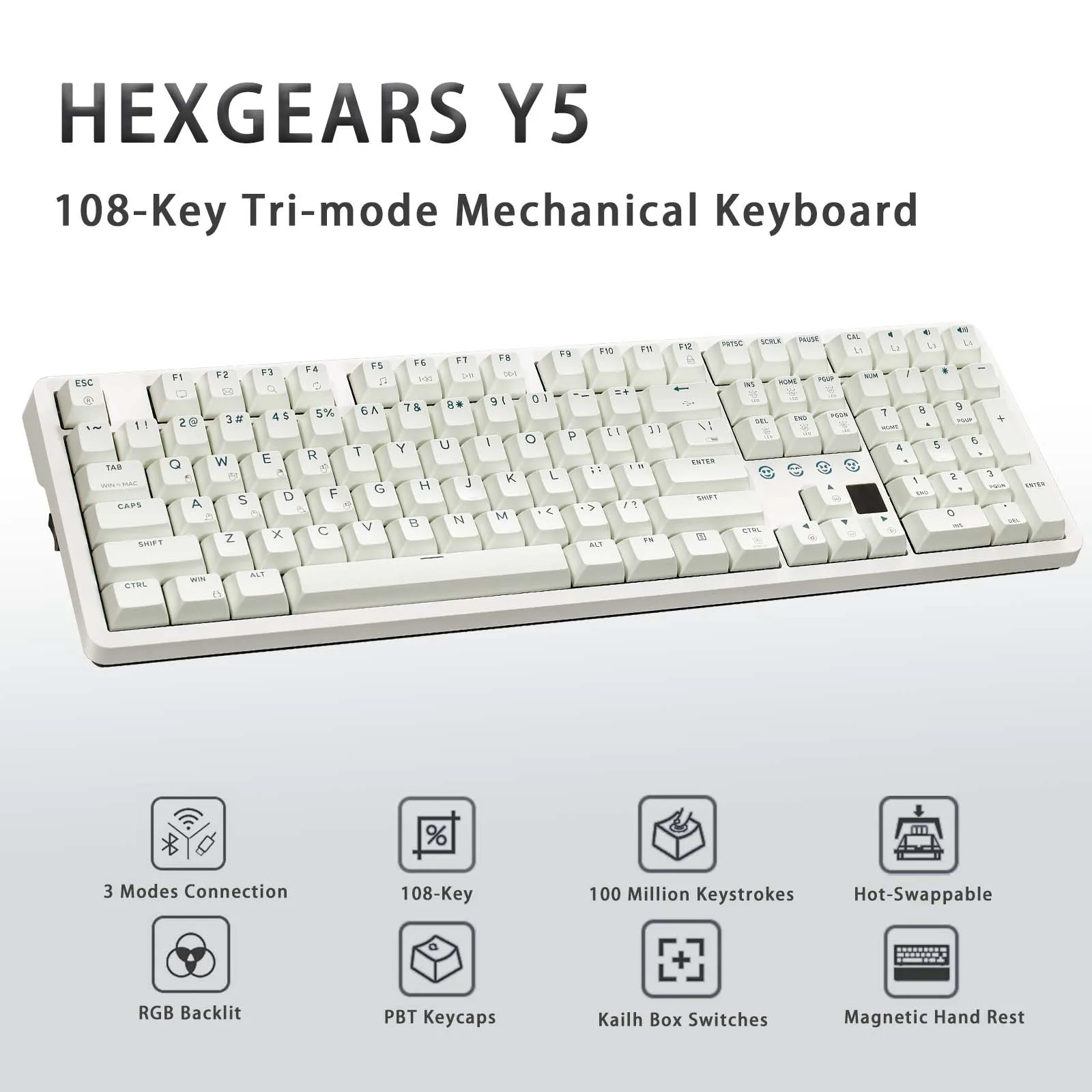 Hexgears Y5 108-key Wireless Mechanical Gaming Keyboard RGB Backlit, Gasket structure, BT5.0/2.4GHz/USB-C, keyboard for Win/Mac