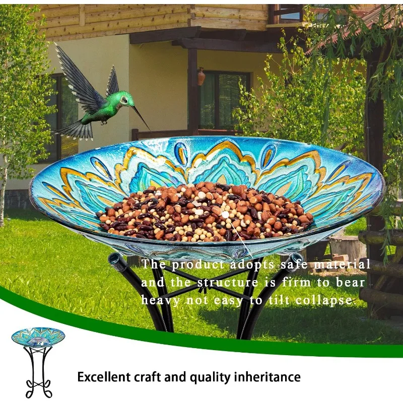 Glass Bird Bath Outdoor with Metal Stand for Lawn Yard Garden Decor Solar Large BirdBath Peacock Bird Feeder