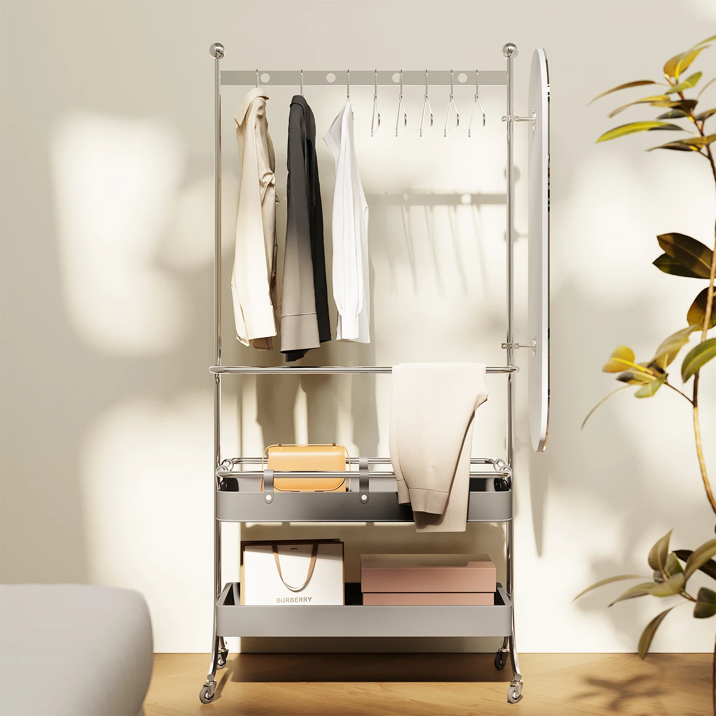 

Retro hanger floor-to-ceiling bedroom bedside bedside clothes rack hanging hanger integrated with mirror open wardrobe