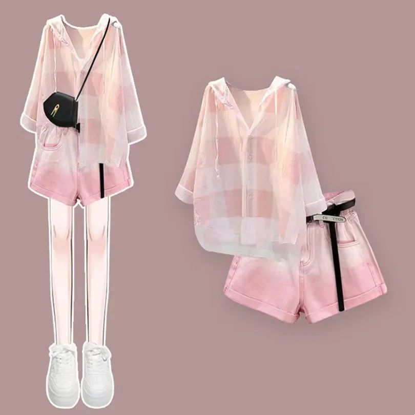 Spring/Summer Set 2024 Korean Edition New Large Women's Fashion Versatile Shirt Top with Cowboy Shorts Two Piece Set