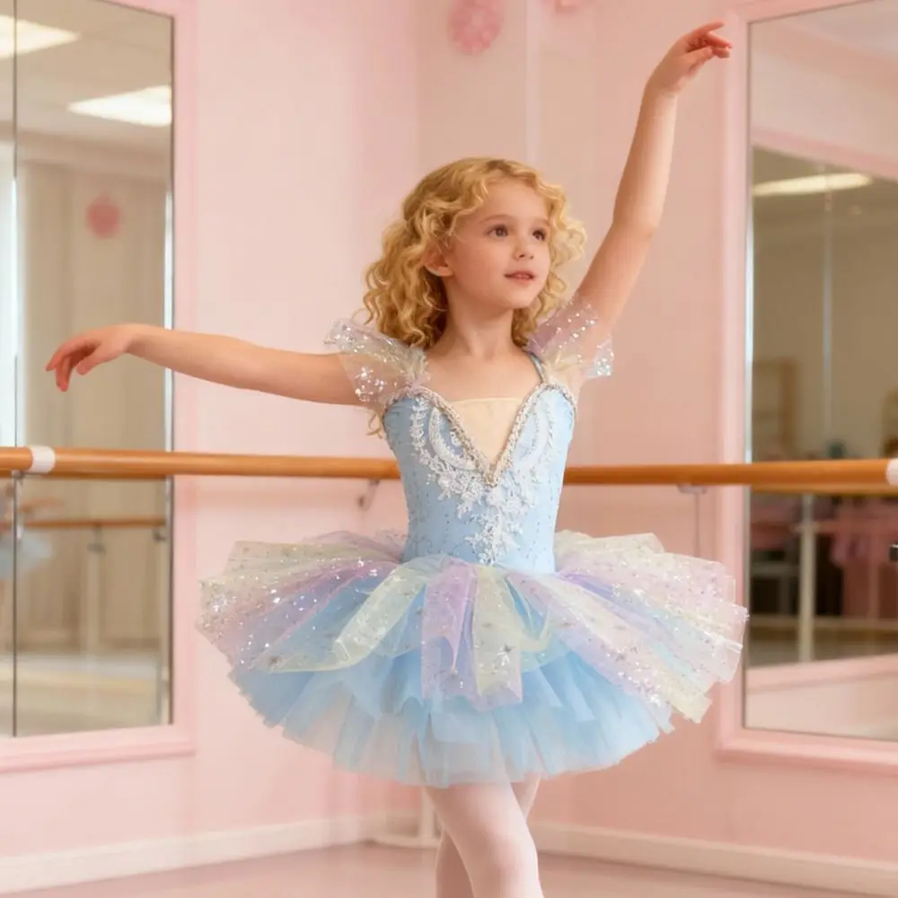 Abito da balletto per bambini Abito da balletto per bambini con paillettes alla moda Abiti da spettacolo moderni con perle Abito da festa gonfio Abito da principessa per ragazze per bambini