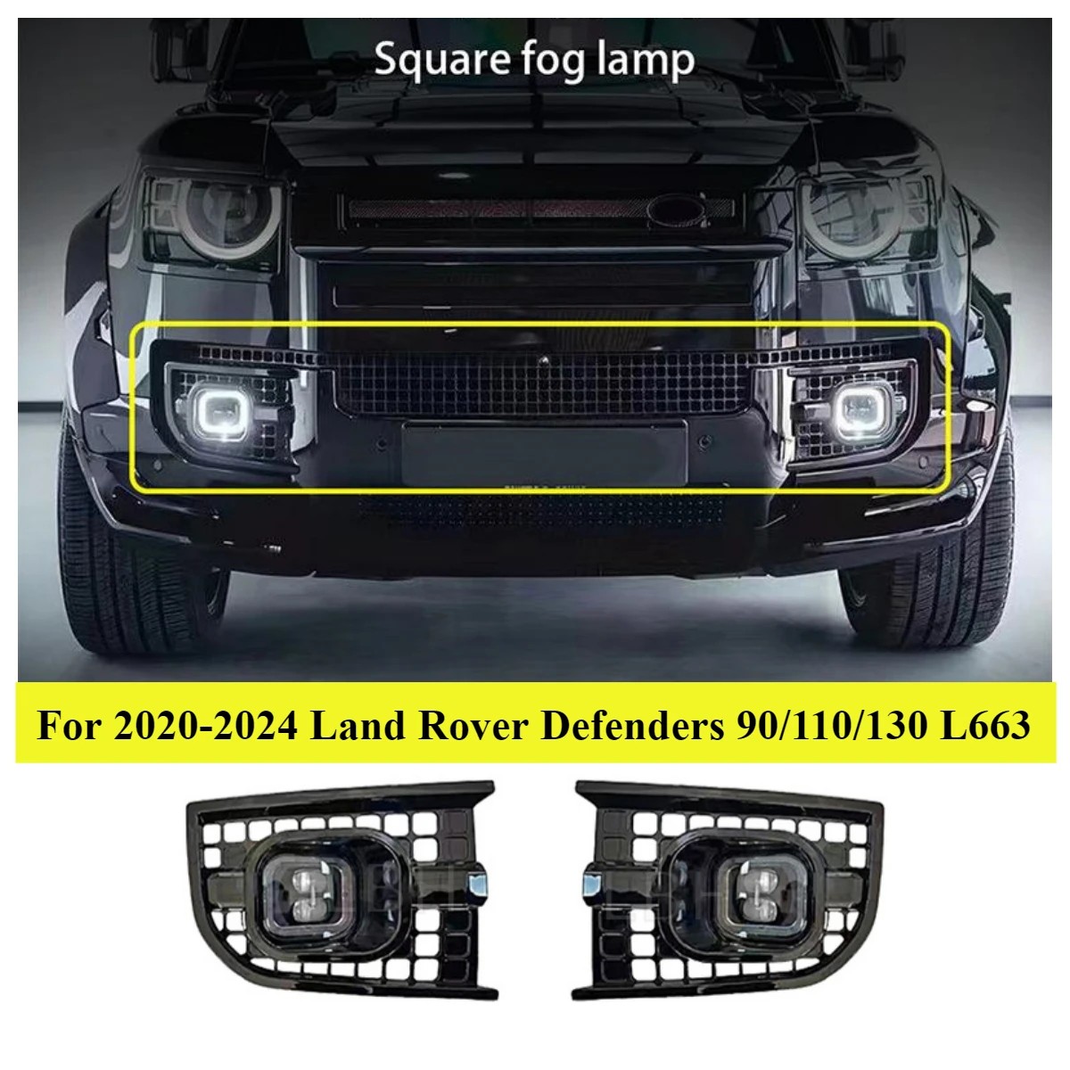 One Pair Square Fog Lamp for 20-24 Land Rover Defenders 90/110/130 L663 Front Bumper Grille Fog Light Case Car Lights Accessory