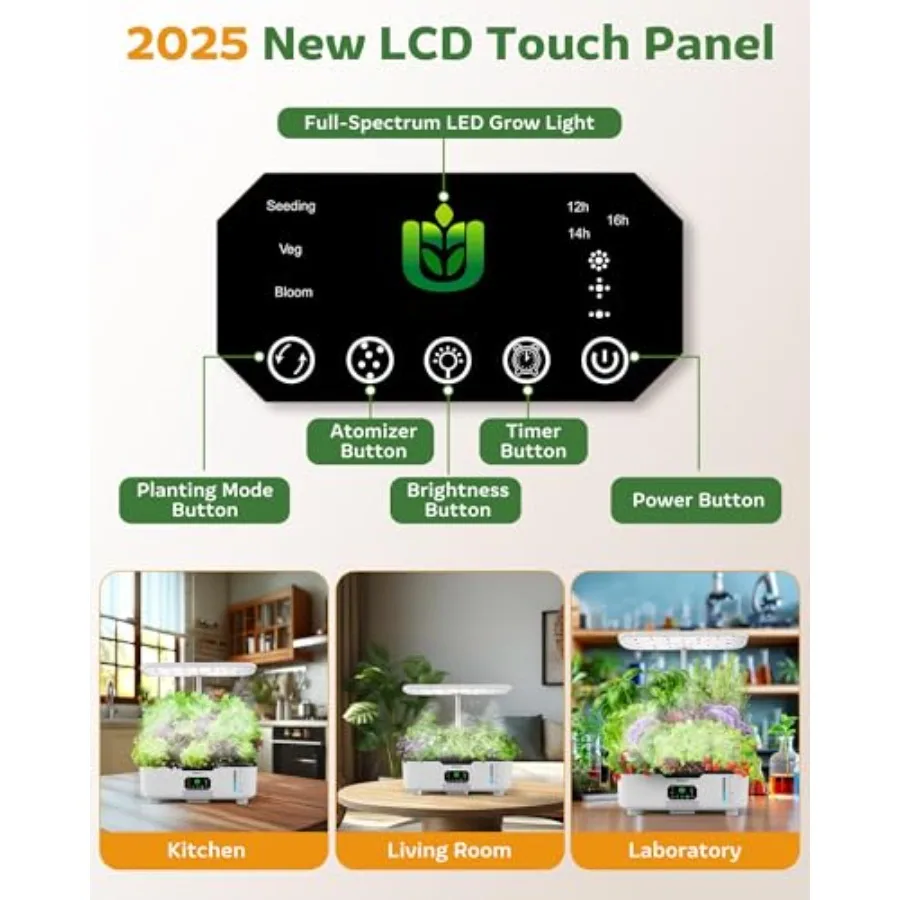 Indoor smart herb garden planter for hydroponic growing, white ABS plastic, with LCD touch panel, 15-pod capacity, 6L tank, ide