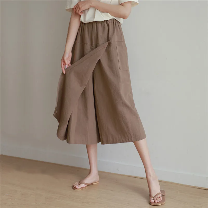 

Casual Cotton Linen Split mid Waist A-Line Skirt Women's Summer Faion Simple Slimming High Waist f Body Skirt Pants