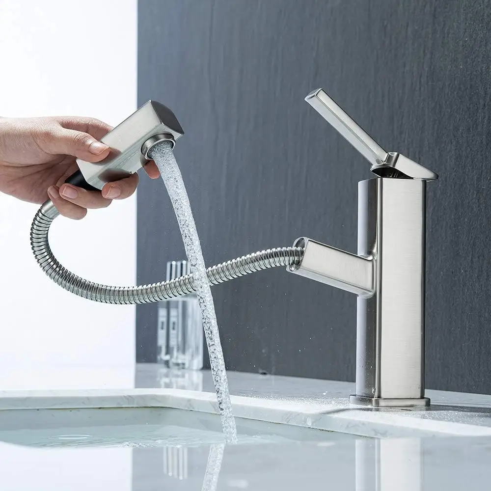 

Bathroom Sink Faucet with Pull Out Sprayer, Single Hole Utility Bar Sink Faucet, Lavatory Pull Down RV Sink Faucets with
