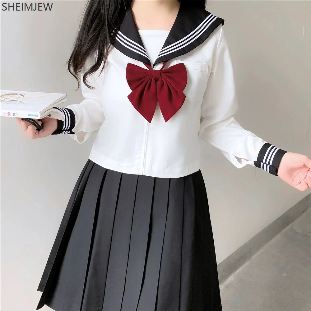 Japanese School Uniform Cute Girl Jk Suit Black Collar White Three-piece Suit Campus Sailor Suit Bow Long-sleeved Suit Uniform