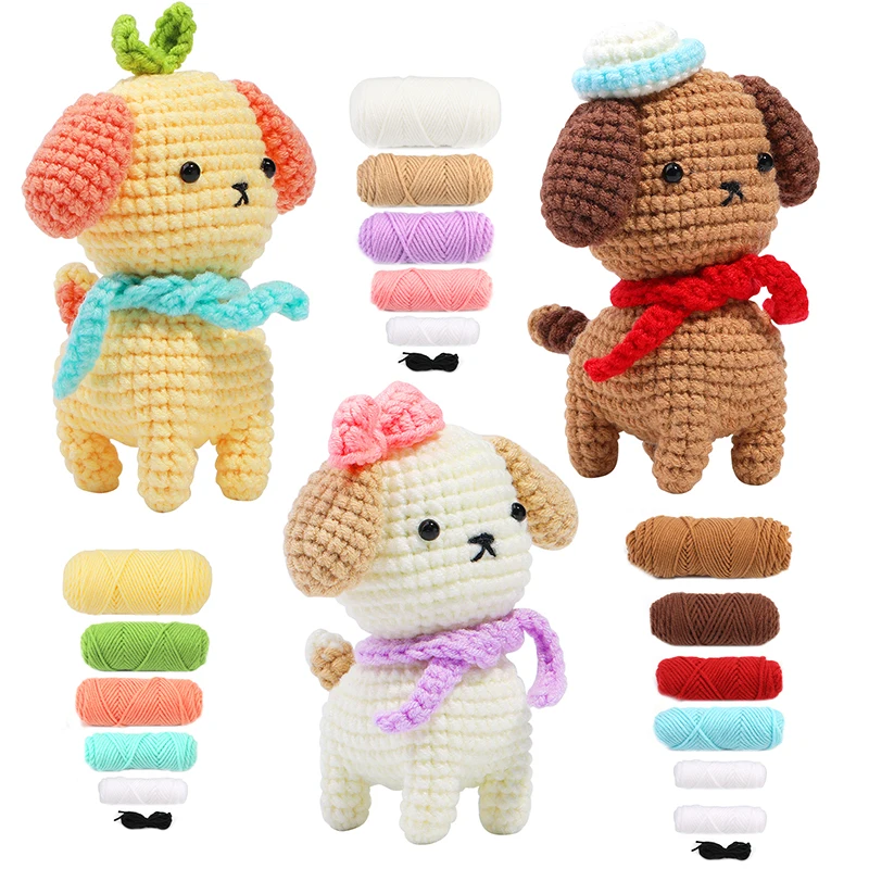 Fenrry 3 Color Dog Crochet Kit for BeginnersKnitting Kit with Step-by-Step Instructions Video Crochet Yarn Crochet Accessories