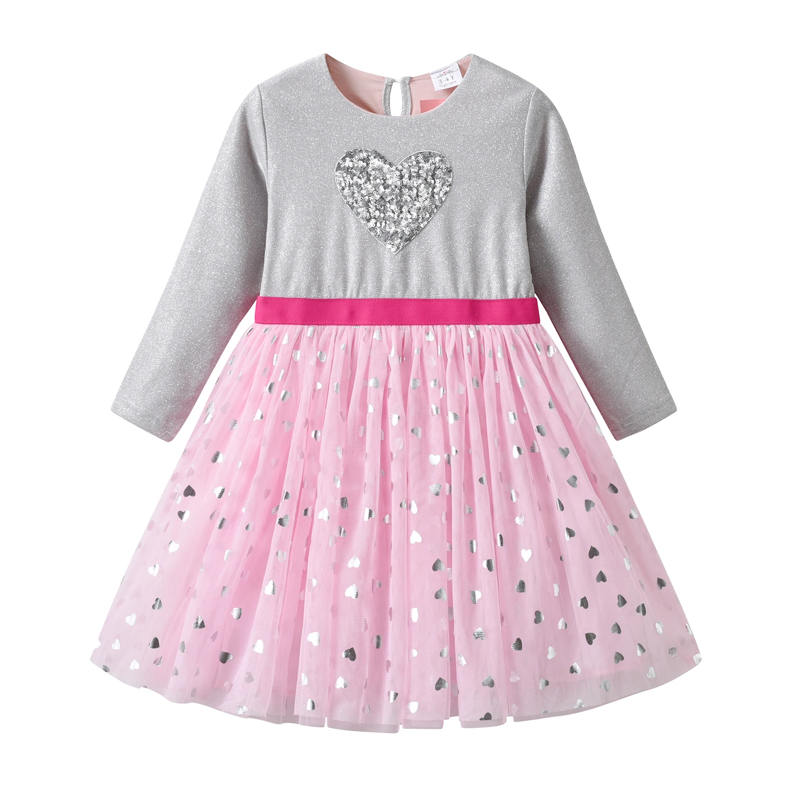 VIKITA Children Heart Shape Design Sequined Dresses Kids Long Sleeve Autumn Winter Princess Mesh Tulle Elegant Dresses 3-12 Yrs