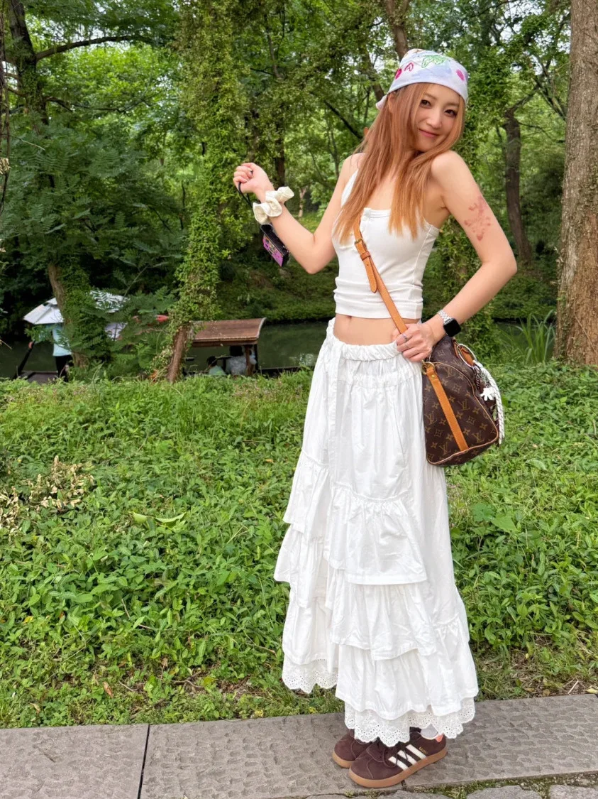 Em camadas de renda retalhos elástico cintura alta bolo saia midi saia coreano sle cor saia longa para mulher