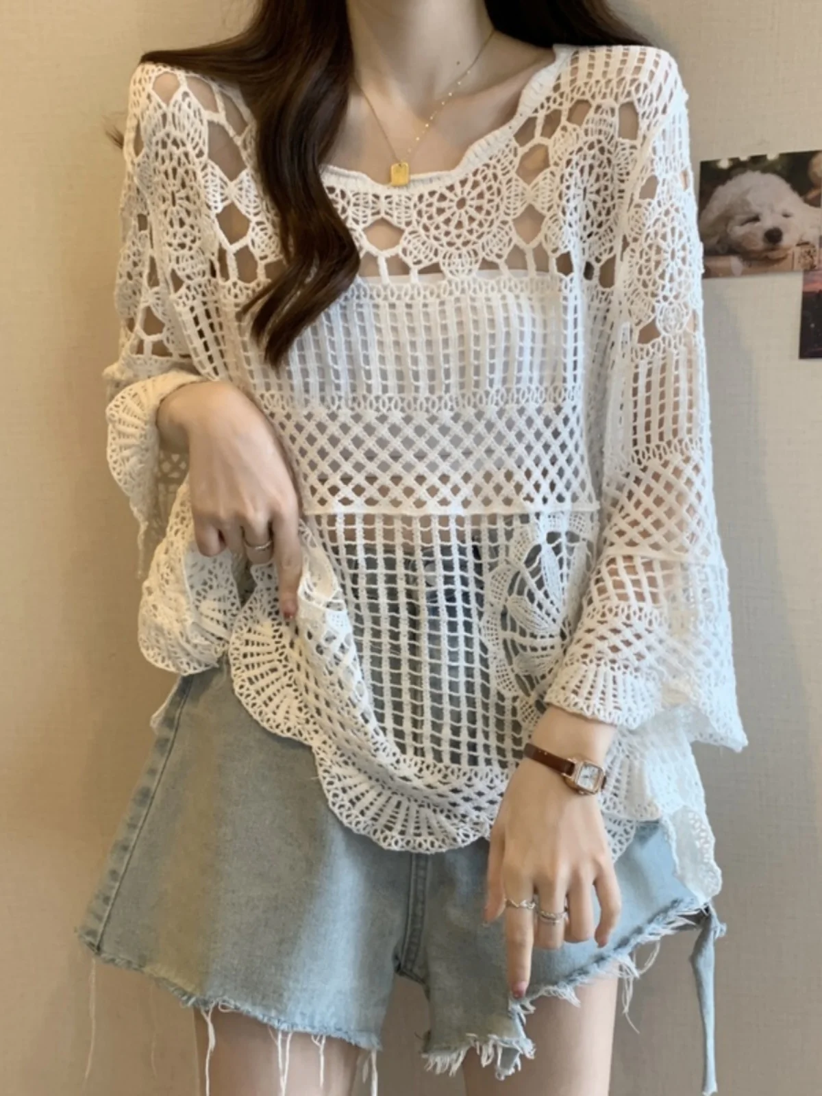 Lace Hollow out Sun Protection Shirt Women's Summer plus Size Slimming High Design Sense Hook Flower Top Air Conditioning Shirt