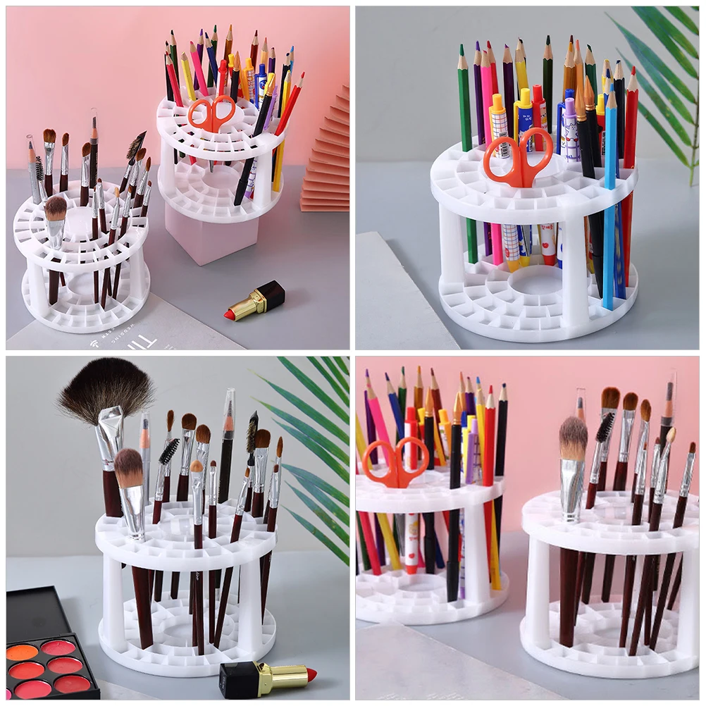 Round Pen Stand 2Pcs Plastic Paint Brush Holder For Home School Storage Rack Drawing Marker Organizer White