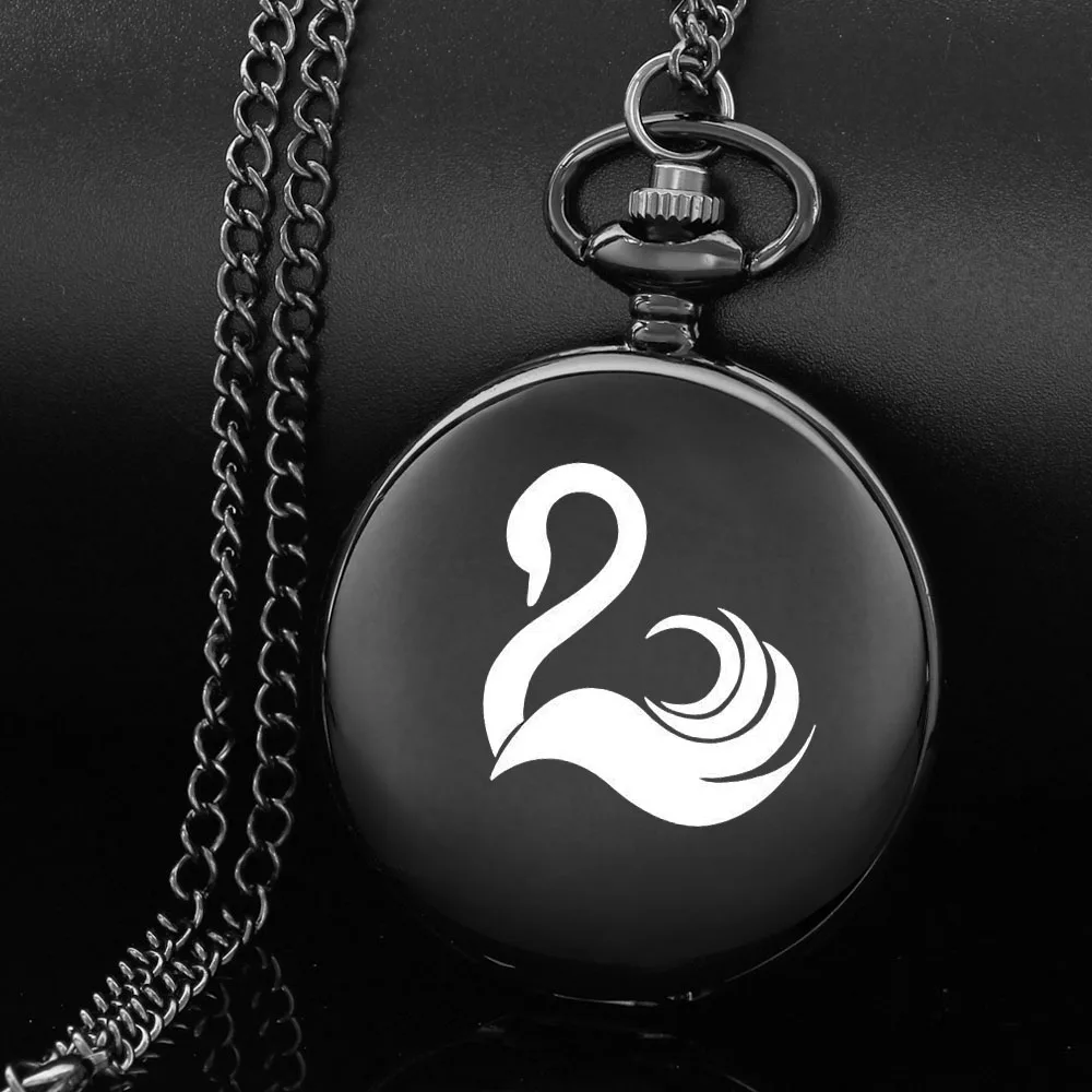 

The Swan design aesthetic style carving english alphabet face pocket watch a chain Black quartz watch perfect gift