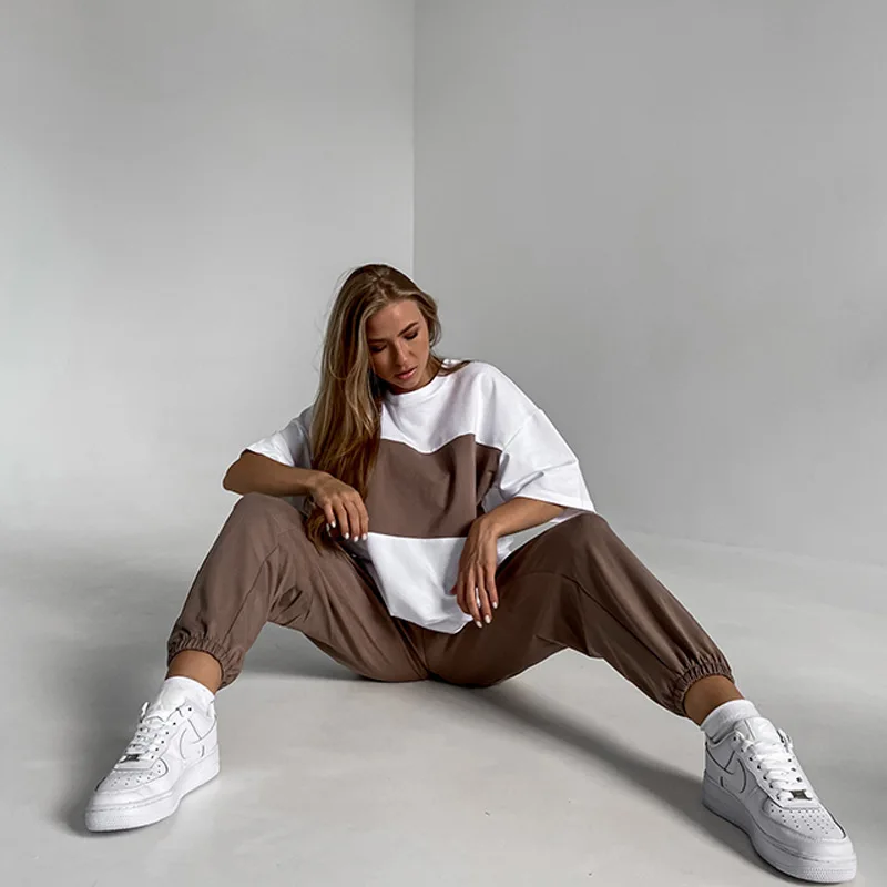 Women's Casual Suit New Fashion Loose Color Contrast Round Neck Short-sleeved T-shirt Sports Pants 2 Pieces Ropa Mujer Juvenil