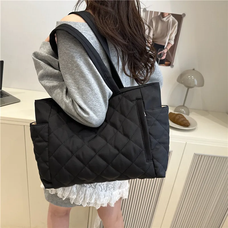 Simple Quilted Cotton Shoulder Bags for Women High Capacity Solid Color Ladies Tote Bag College Versatile Girls Shopping Handbag