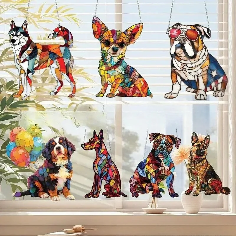 2D Cute Pet Dog Suncatcher Stained Glass Style Acrylic Window Ornament Keychain Husky Bulldog Chihuahua Wall Hanging Decor Gift