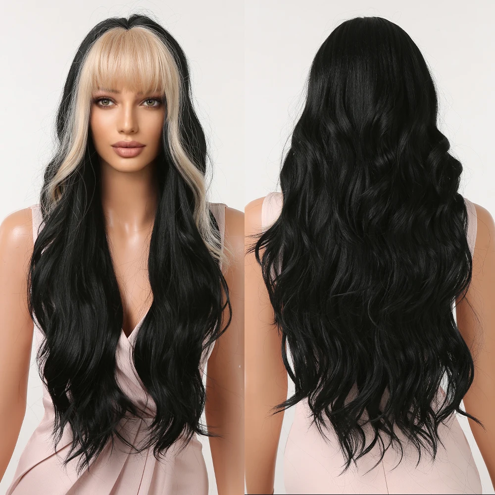 Black Long Wavy Synthetic Wigs with Blonde Bangs Cosplay Party Wig for Women Daily Use Silky Wig Heat Resistant Natural Hair