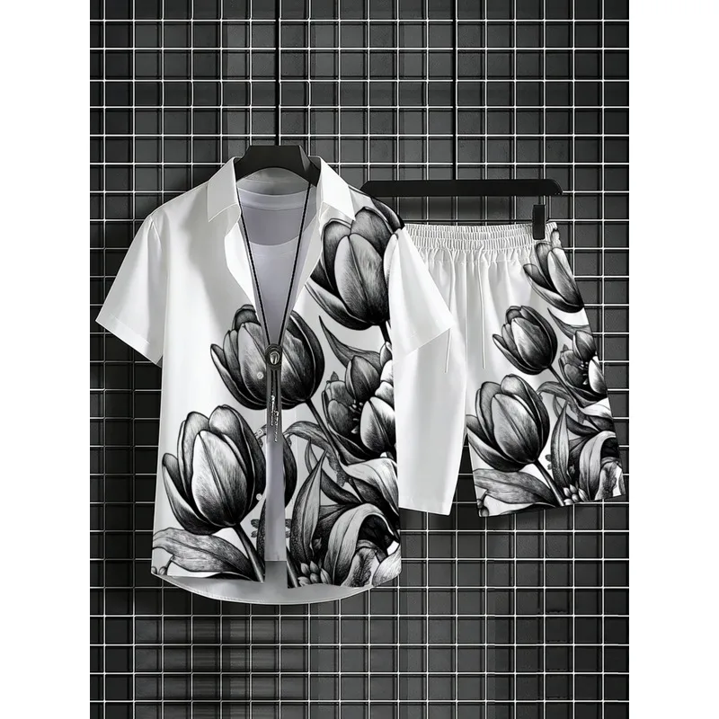 Mens White Floral Print Shirt and Shorts Set Lightweight Beach Outfit with Matching Bottom for Vacation Resort Pool Party Summer view 3