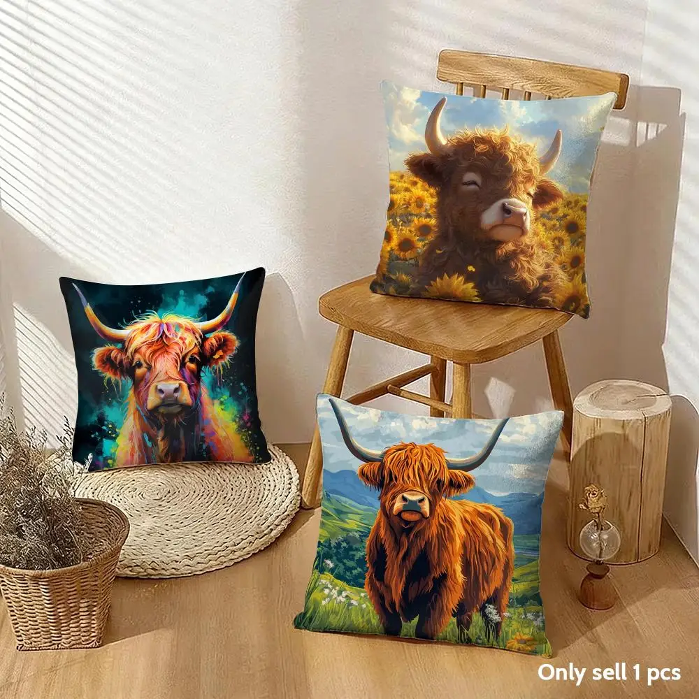 Funny Animals Highland Cow1 Cushion Cover Silky Short Plush With Invisible Zipper Dustproof Sofa Pillow Cover For Home Decor