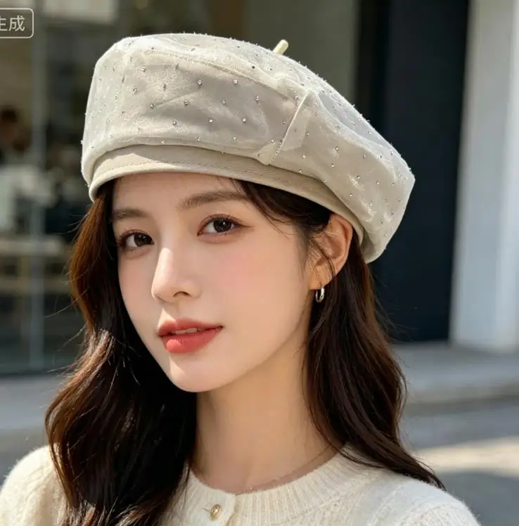 벨벳 풀 다이아몬드 베레모 여성용, 블랙 레트로 문학 레이디 따뜻한 화가 모자, 가을 및 겨울