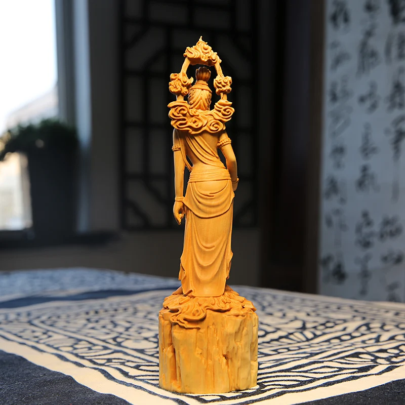 Feng Shui 20CM Buddha GuanYin Wood Boxwood Statue Collection Sculpture Mascot Historical Myth God Figure Home Decor