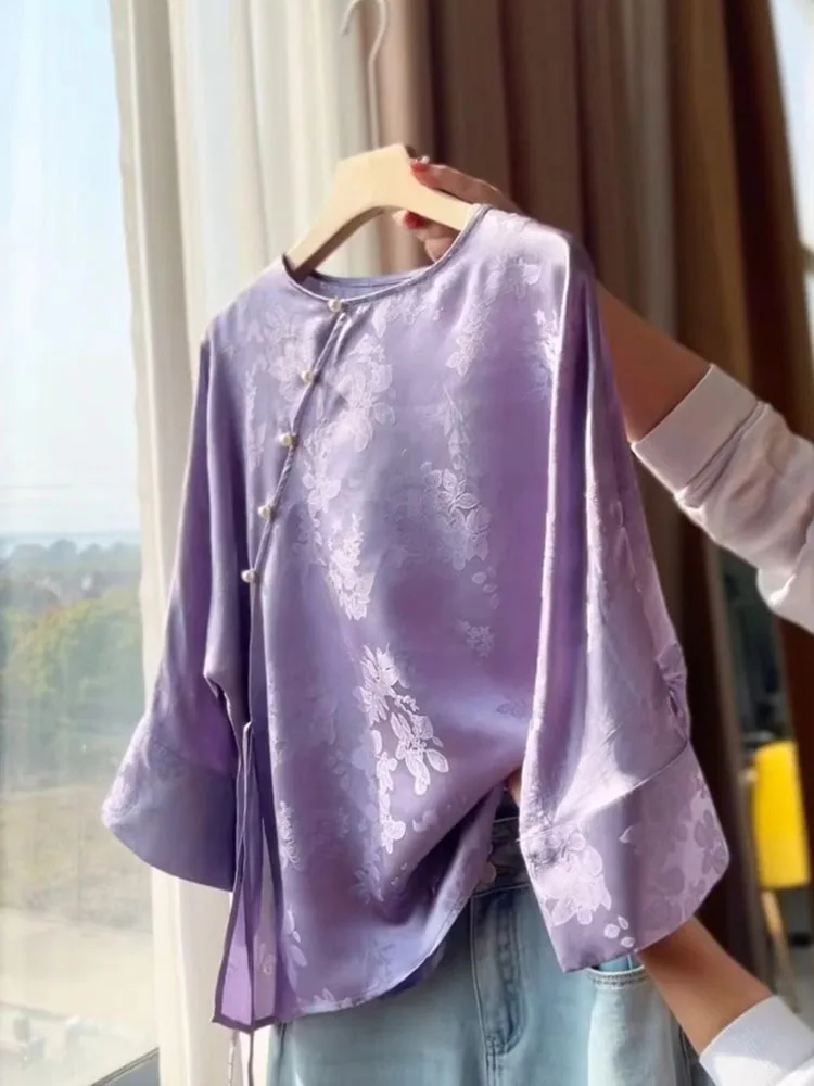 

Ele Unique Purple Chinese Sle irt 2025 Summer High-End Feel Good Looking Commute Sle Свободный крой Long Sve round Ne