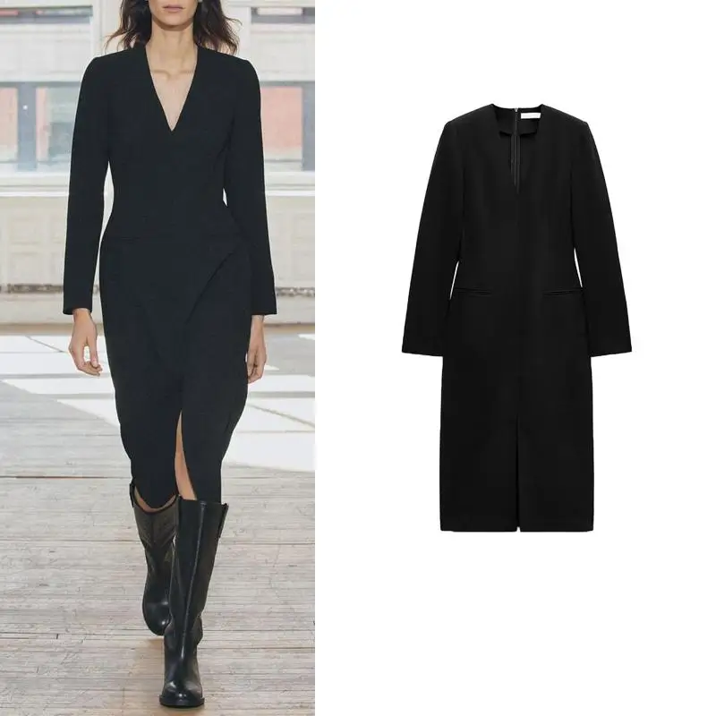 Nowa Kolekcja Jesień Zima Damskie Długie Sukienki Maxi z Dekoltem w Serek, Luźne, Szyfonowe, Eleganckie, do Pracy, z Podkreśloną Talią