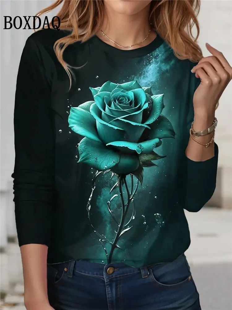 Tie Dye Rose Flower Print T Shirt New Spring Women Long Sleeve Shirts Casual O-Neck Loose Plus Size Tops Fashion Female Clothes