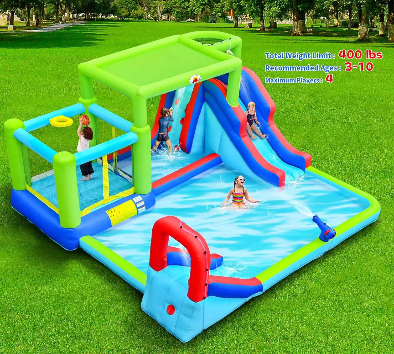 Inflatable Water Slide & Water Park with Blower, Dual Bounce House Jumping Castle with Sunshade, Climbing Wall & Basketball Hoop view 2