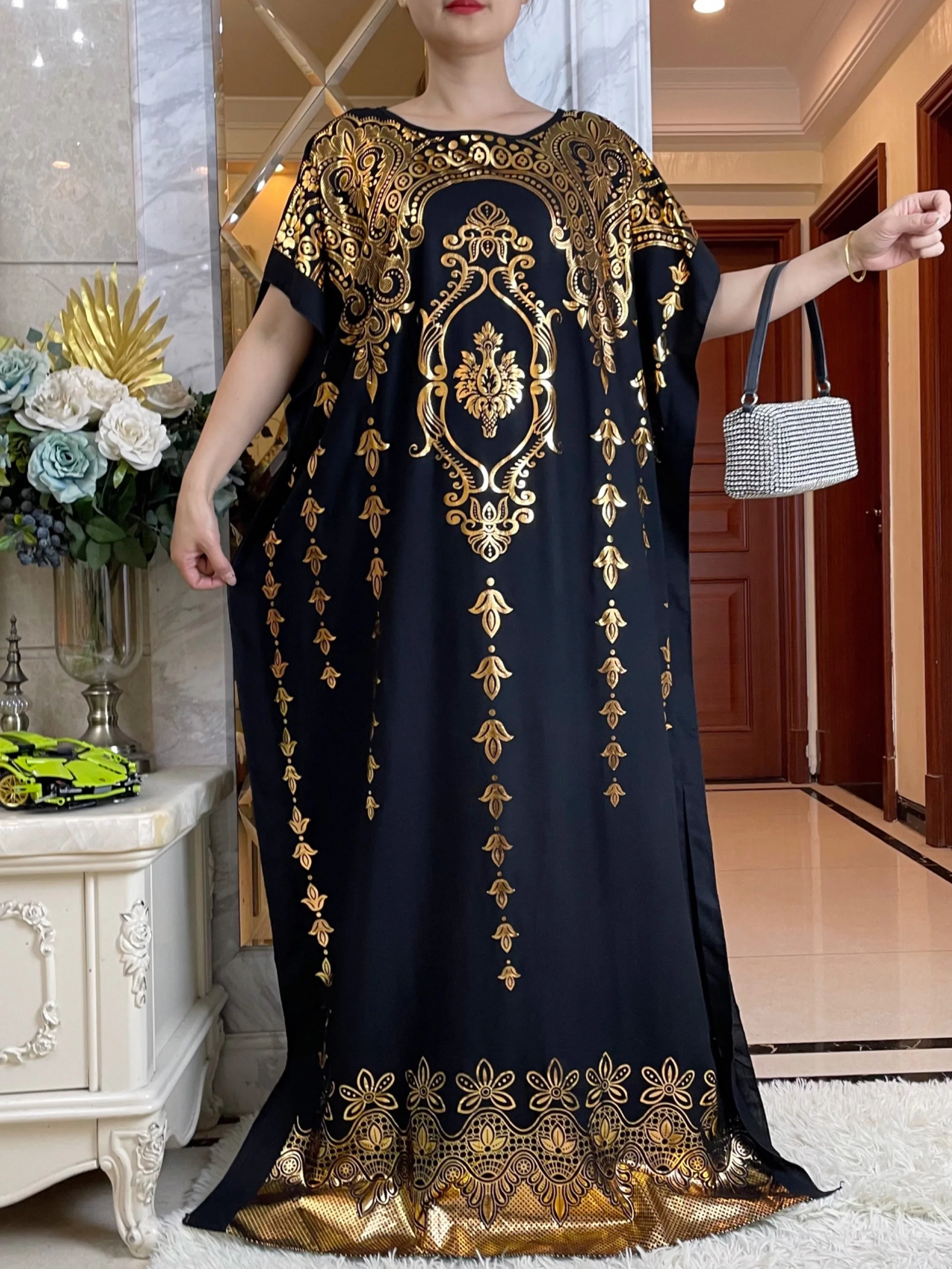 

New Dubai Summer Short Sleeve Dress Muslim Dashiki Floral Printing Cotton Loose Caftan Lady Maxi Islam Casual Dresses Vestidos