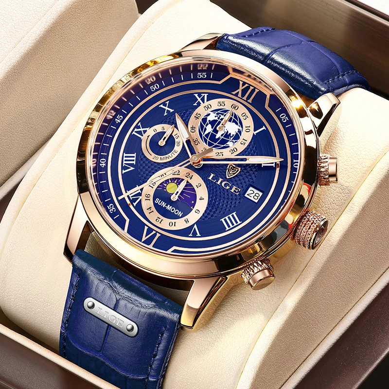 LIGE Leather Strap Men Watches Fashion Creative Luminous Big Dial Chronograph Man Watch Waterproof Business Quartz Wristwatches