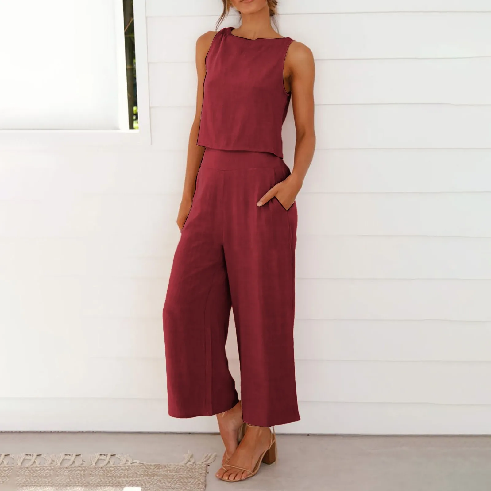 Summer Cotton Linen Suits Sleeveless O-Neck Tank Fashion Comfortable Vest And Long Pants Solid Color Casual Loose Top Set Suit