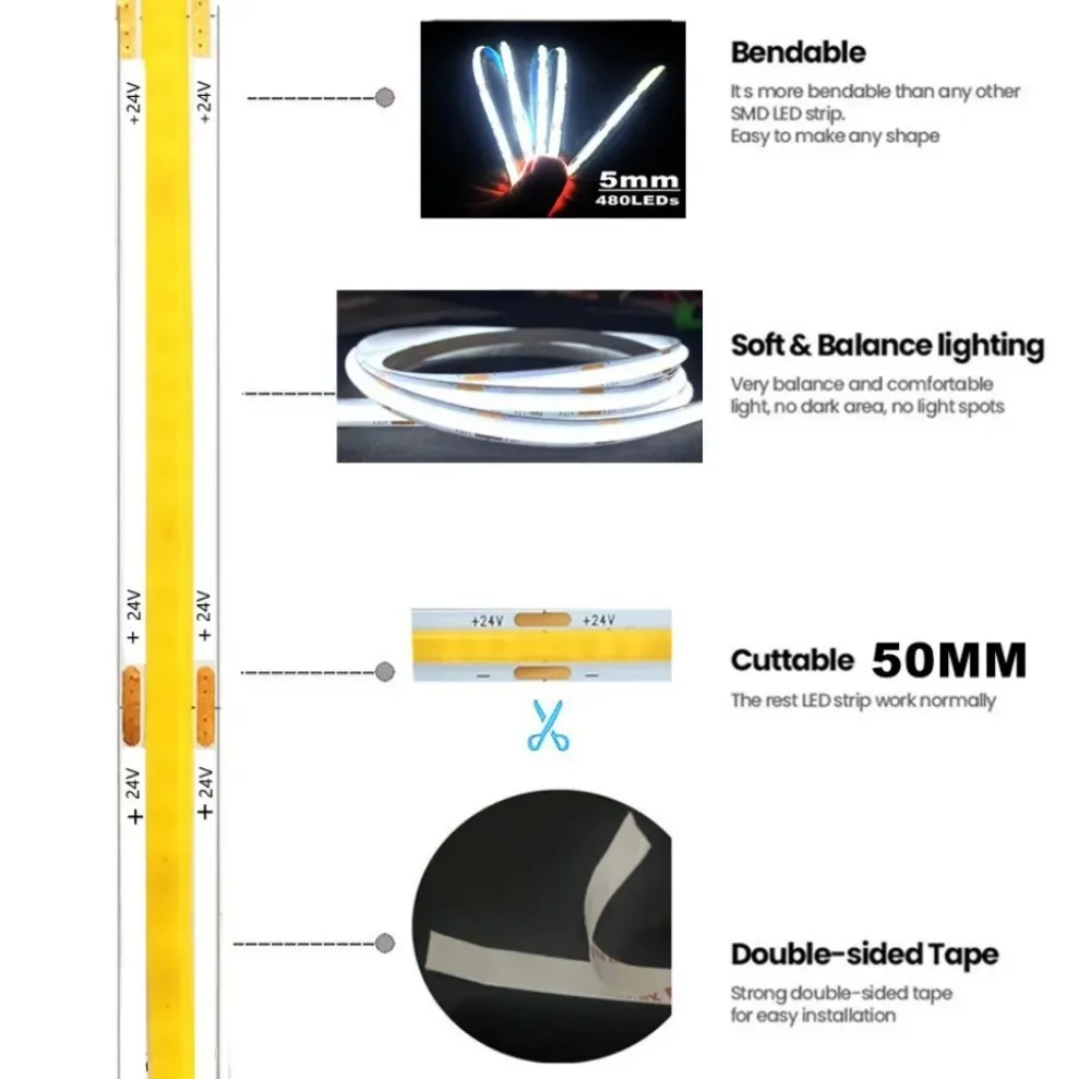 Super Dunne 5Mm Cob Led Strip 480Leds/M Zachte Flexibele Dc 12V/24V Lichtbalk Warm Koud Wit Voor Decorverlichting 3000K 4000K 6000K