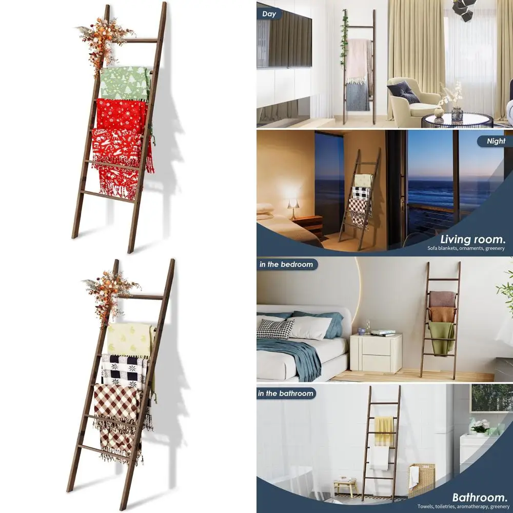 

66.5-дюймовая 6-ярусная полка-лестница из акации, декоративная подставка для одеял и пледов в деревенском стиле для дома, простая сборка, подходит для гостиной