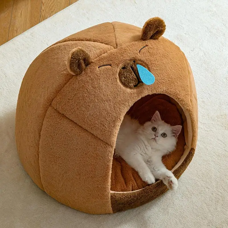 Cat Bed Cave Capybara Shaped Warm Kitten Nest Small Dog House Indoor Removable Covered Dog Cat Bed Insulated Comfortable Pet Dog