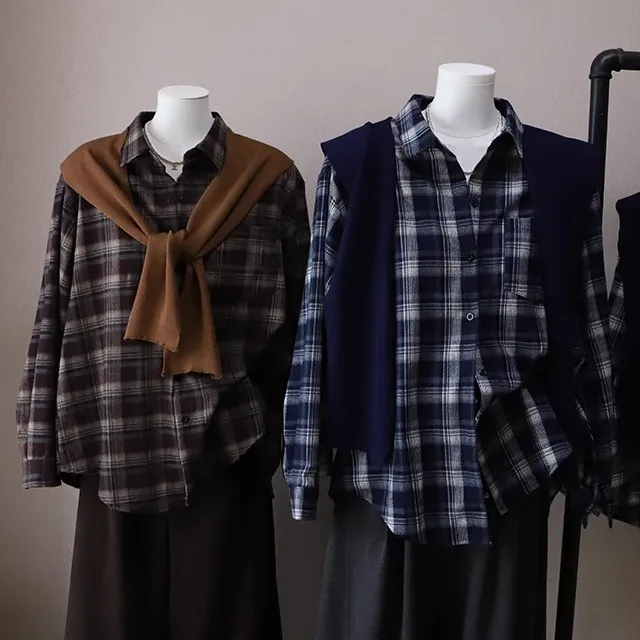 Faionable gola de furador de malha xadrez Floing Long Sve irt feminino outono inverno novo Sle versátil comprimento médio irt...