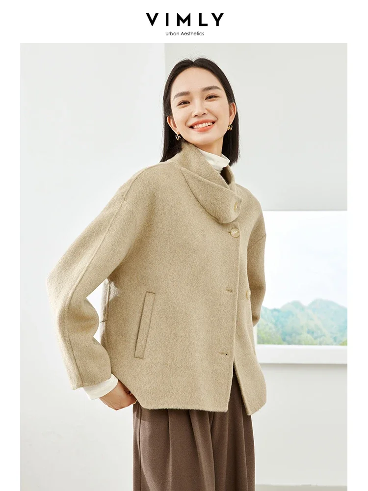 Vimly 2023 Winter Wool Coats for Women Stand Collar Single Breasted Overcoat Female Thick Warm Long Sleeve Cropped Jacket 50759