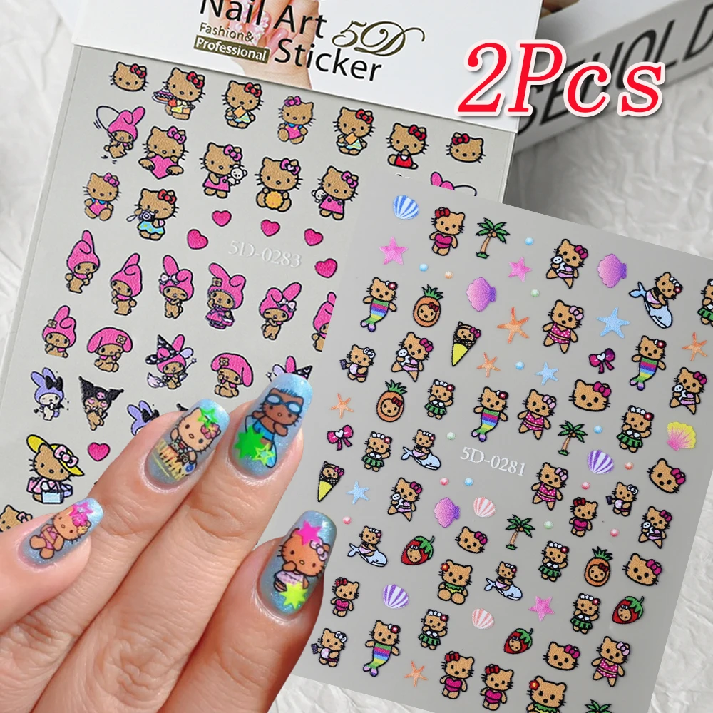 2 pçs 5d havaí pele preta hellokitty adesivos de unhas bonito dos desenhos animados bronzeado kitty gato slider decalque y2k bronzeamento kitty manicure adesivo