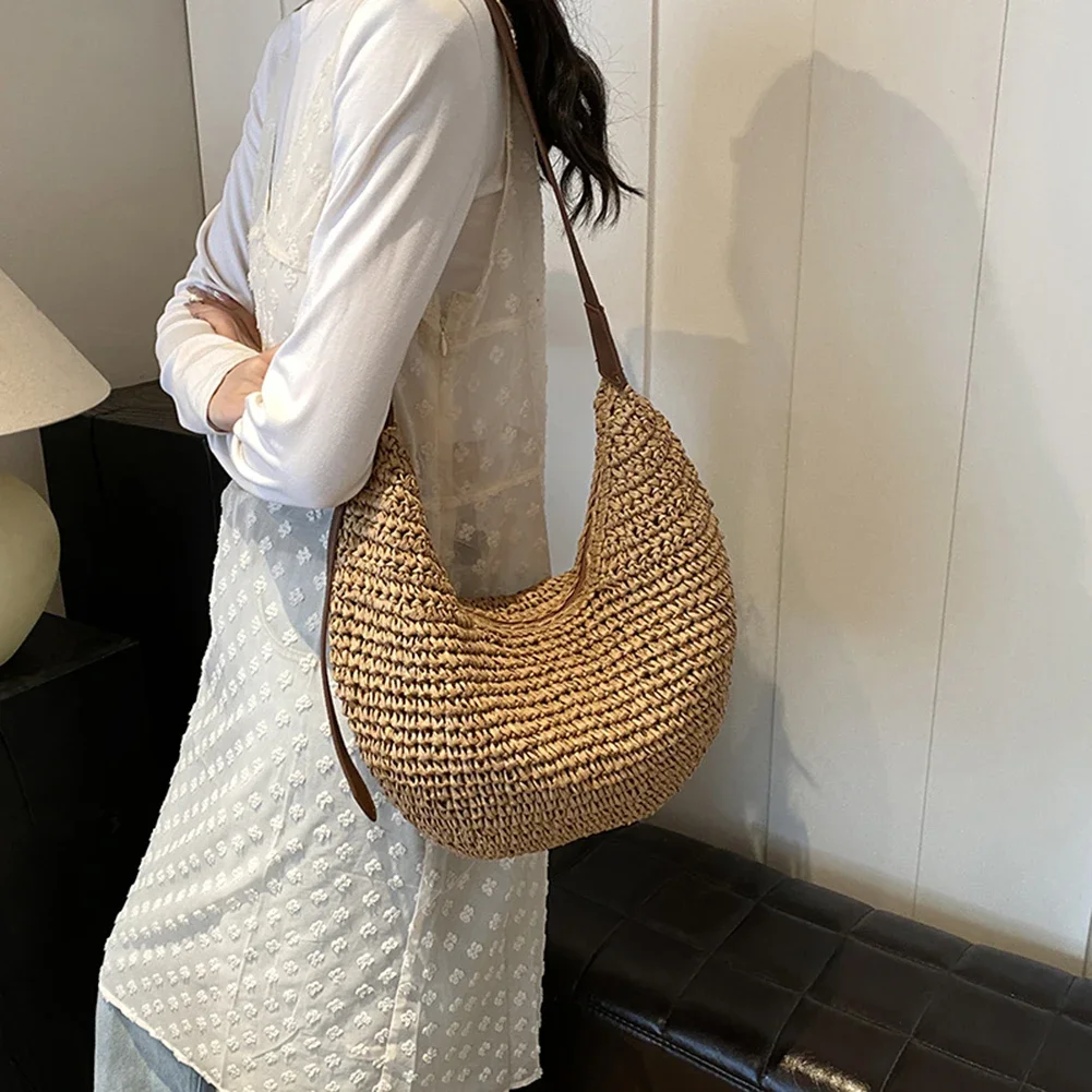 Women Straw Woven Shoulder Boho Bag 2024 Fashion Raffia Bag Summer Crochet Handbag Purses Female Handmade Rattan Crossbody Bags