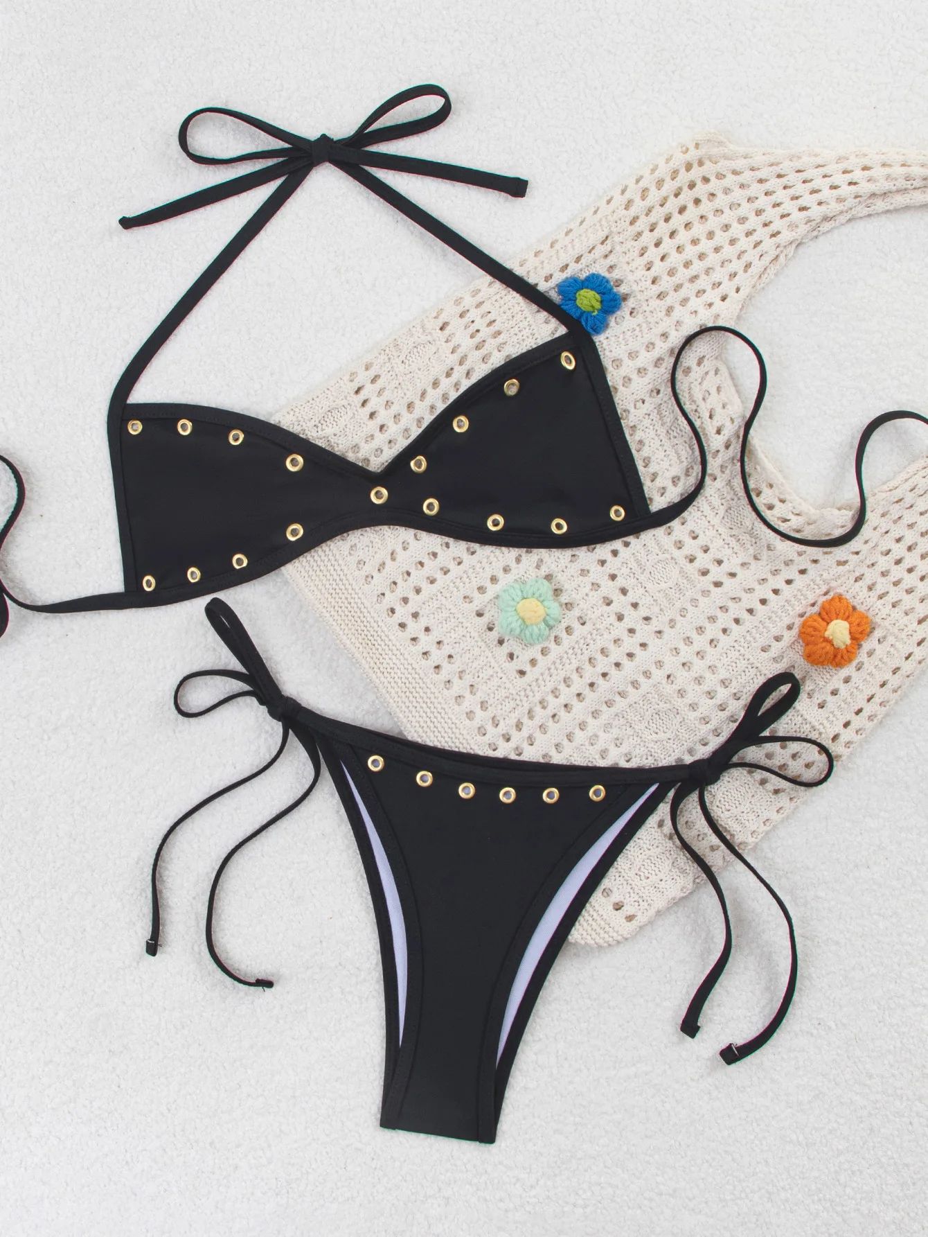 Sexy Black Button Bikini Set 2026 Women Halter Pleate Push Up Bra Tie Side Thong Swimwear Beach Holiday Bathing Suit Swimsuit
