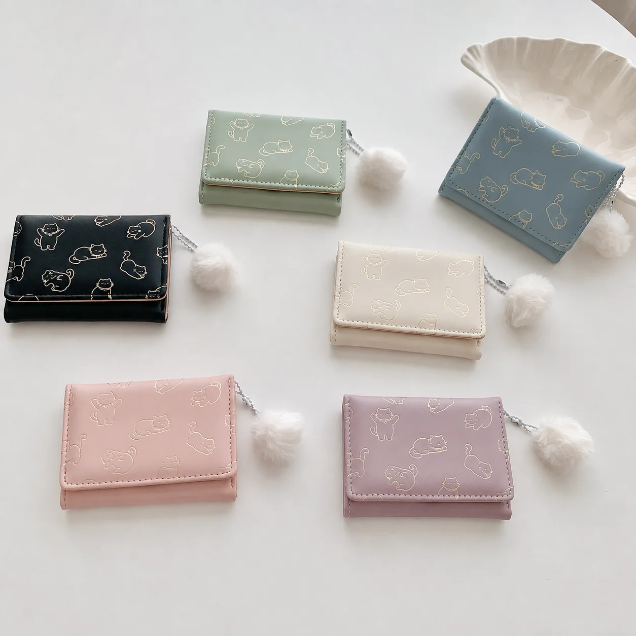 Cartoon Korean Printing Cute Cat Coin Purse Women's Short Wallet Hairball Charm Simple Tri-fold Clutch Storage Card Bag