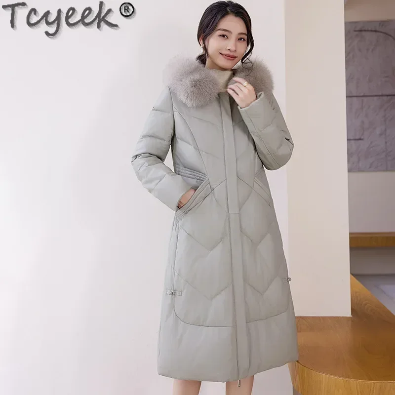 Tcyeek chaqueta de cuero genuino para mujer 2024 abrigos largos de piel de oveja ropa de mujer invierno 90% plumón de pato blanco abrigo cálido Cuello de piel de zorro