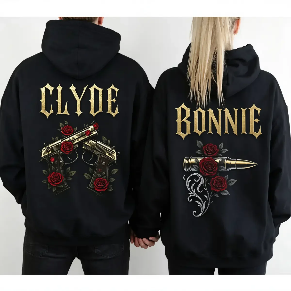 Men's Bonnie & Clyde Matching Hoodies - Couple Garment with Gun and Bullet Rose Design, Loose Baggy Street Style, Everyday Casual Cotton Fabric, Valentine's Day Outfit